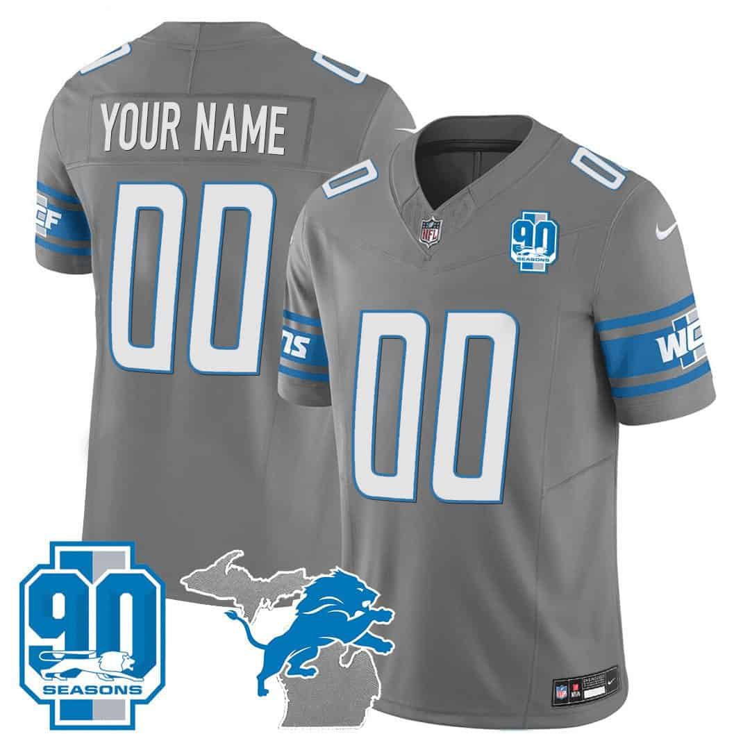 Men Detroit Lions Grey 2024 Nike 90th Year Michigan Patch Custom Vapor NFL Jersey